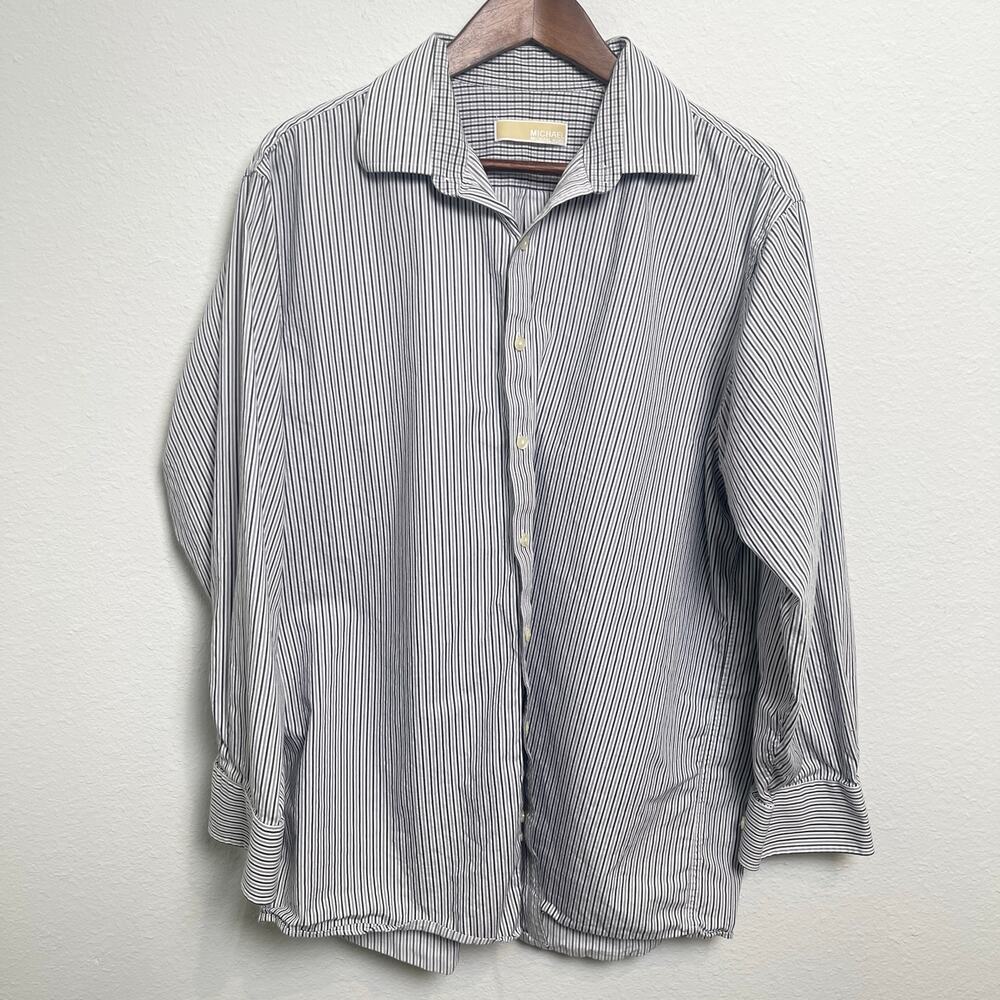 Michael Kors Button Down Shirt Striped Gray White Cotton Size 17 32/33